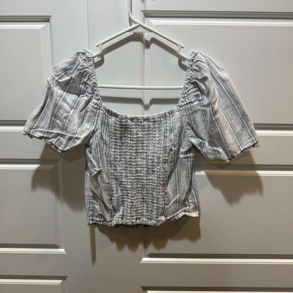 Abercrombie & Fitch Blouse Womens Small White Stripe Puff Sleeve Cropped Top
